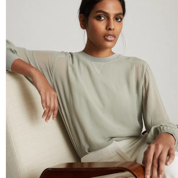 REISS Marlena Semi Sheer Blouse in Pale Green - Picture 2 of 14
